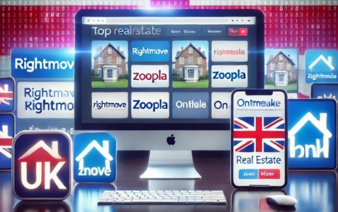 Logo's van de beste Britse websites over onroerend goed met de Britse vlag op de achtergrond.