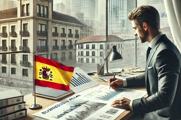 Een zakenman zit aan een bureau en werkt aan een gedetailleerd bedrijfsplan voor een vastgoedbedrijf in Spanje